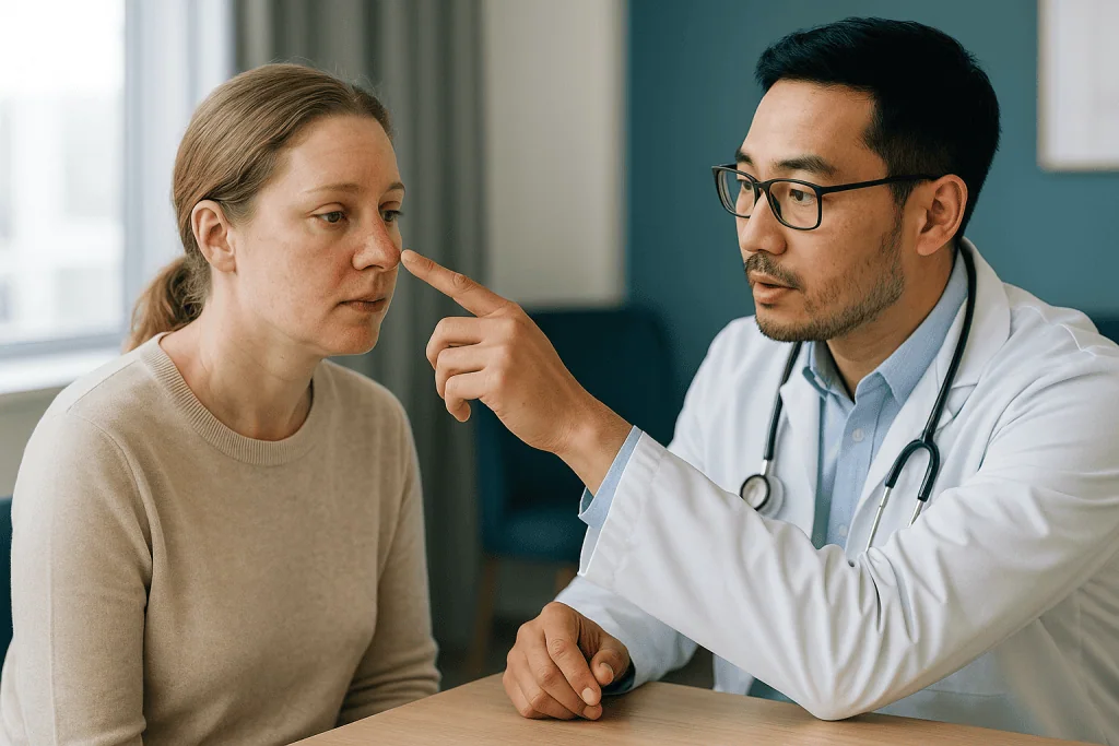 Doctor examining patient's nose during consultation: Why does my nose look bigger 2 weeks after rhinoplasty?
