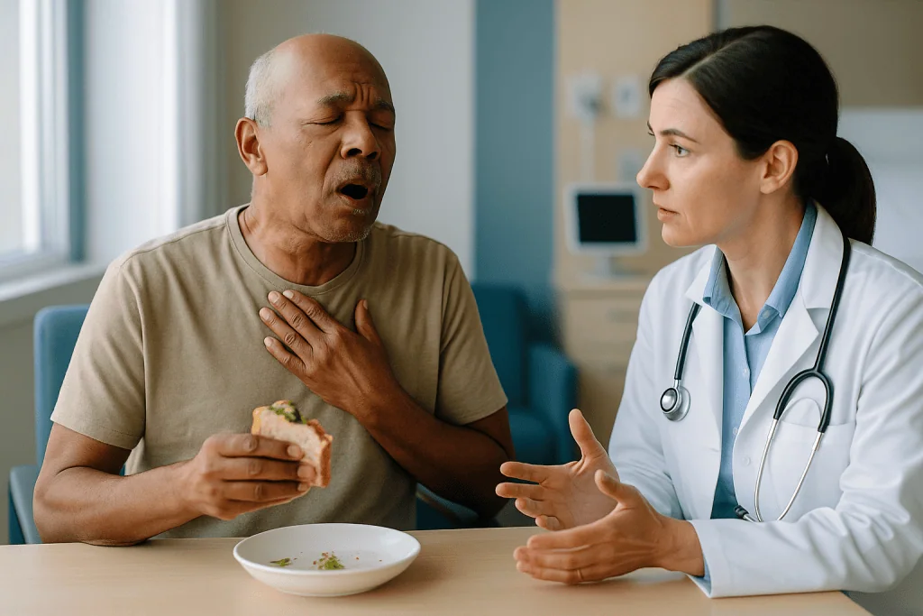 Doctor counseling patient about eating and swallowing: Why does my voice change after chemo?