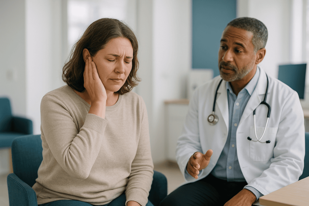 Doctor consulting with patient about health concern: Why does one of my ears feel clogged?