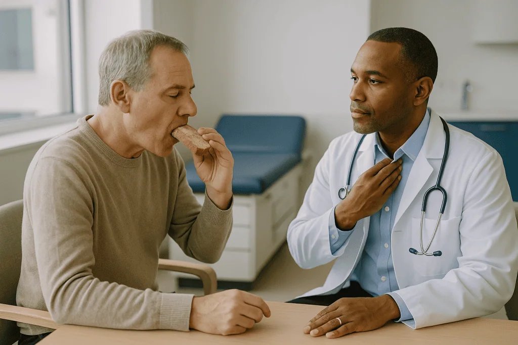 Doctor consulting with older male patient eating bread: Why does stomach content reach the throat at all?