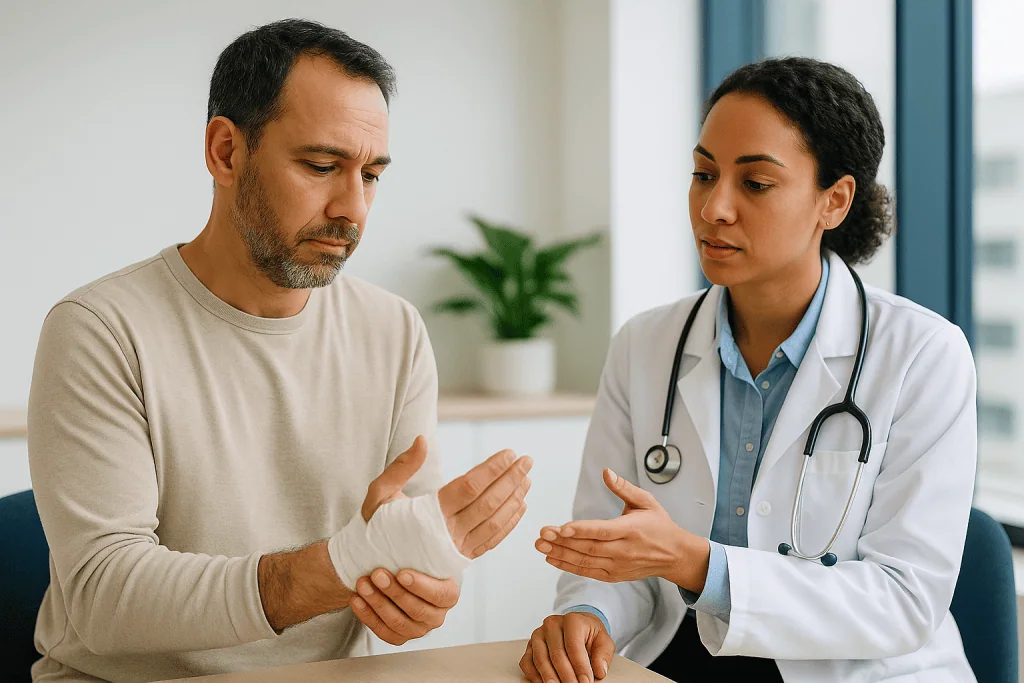 Doctor consulting with male patient about hand injury: Why does swelling after hand surgery happen, and how long does it usu