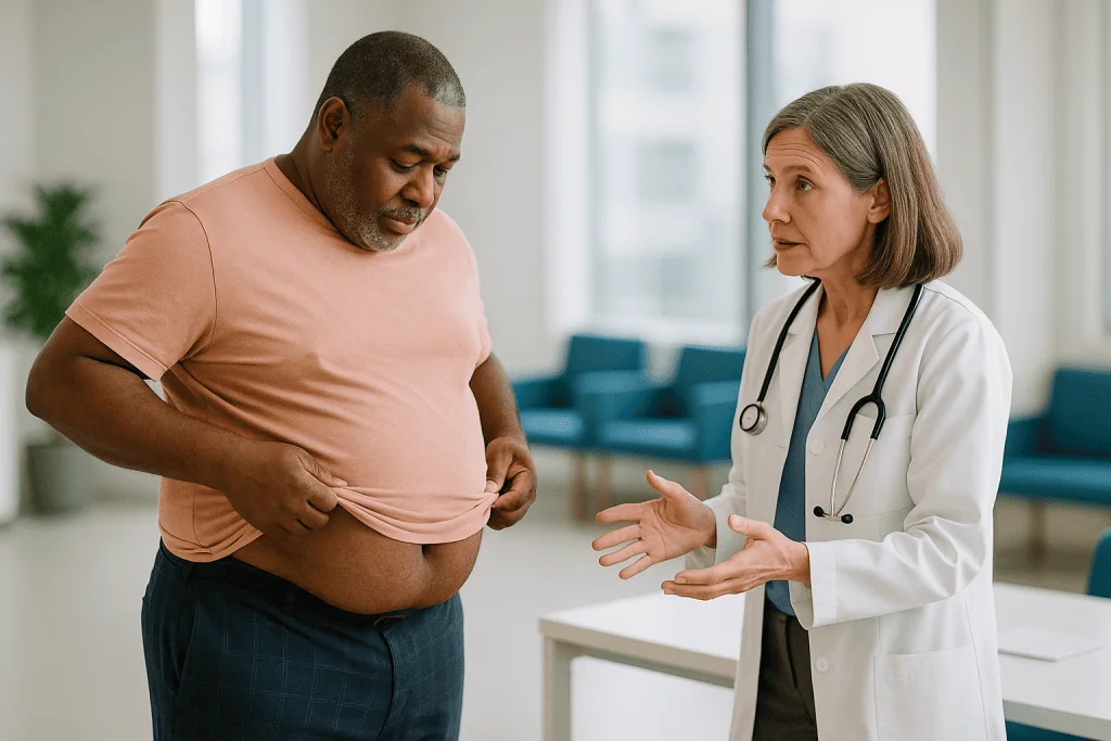 Doctor consulting patient about abdominal weight and metabolic health: Why does waist size count more than the bathroom scal