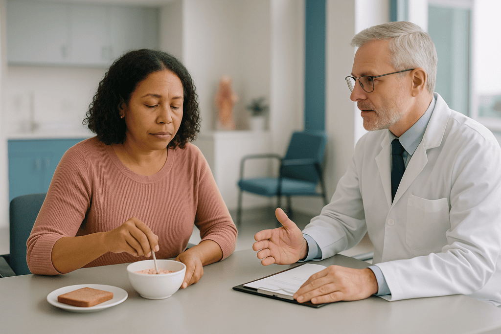 Doctor consulting patient at table with food: Why endocrinologists reject adrenal fatigue as a diagnosis