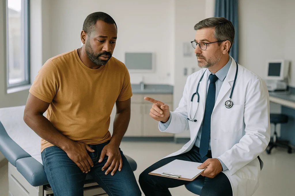 Male patient consulting with male urologist in clinical setting: Why epididymitis pain relief starts with ruling out torsion