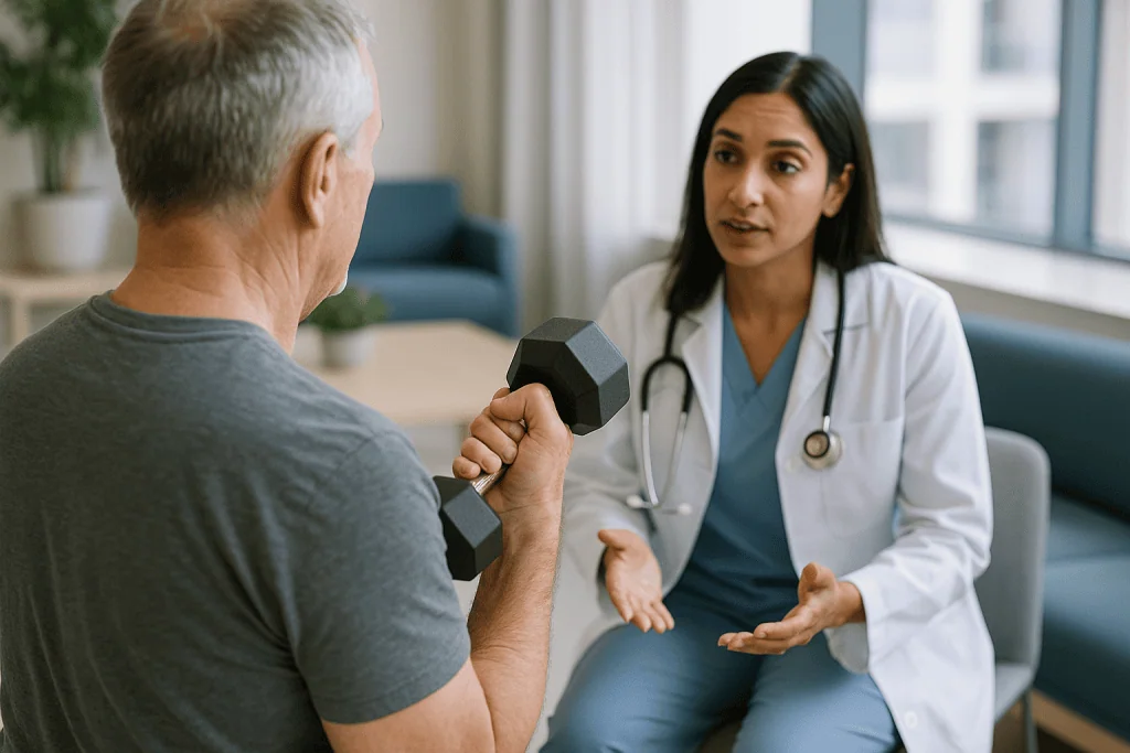 Doctor consulting patient about exercise with dumbbell: Why exercise after robotic prostate surgery is really two different 