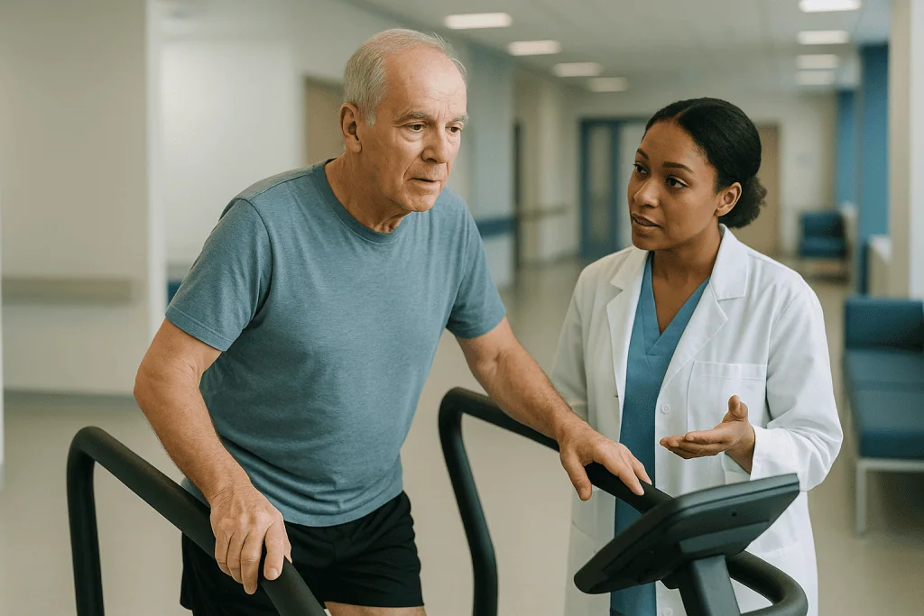 Senior male patient on exercise bike with female physician: Why exercise matters when the airways are permanently widened