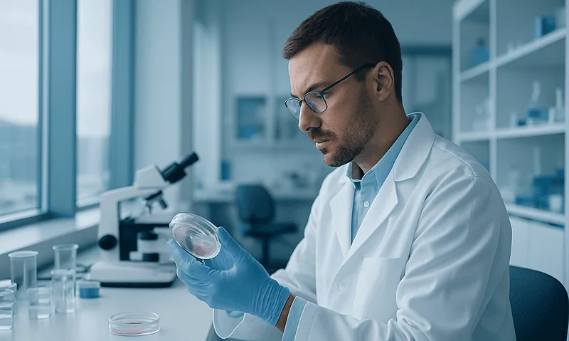 Scientist examining a petri dish in a laboratory setting.