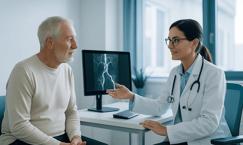 Doctor explaining blood flow imaging to an elderly patient in a hospital.
