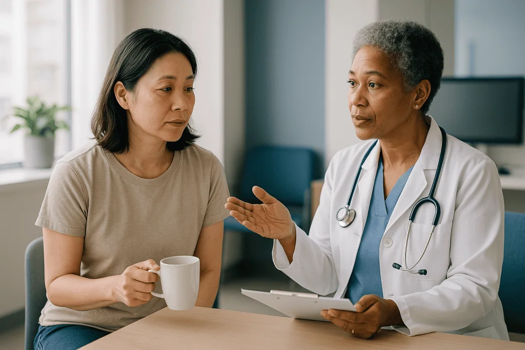 Female doctor consulting with patient holding coffee mug: Why FSH rises as the ovaries slow down