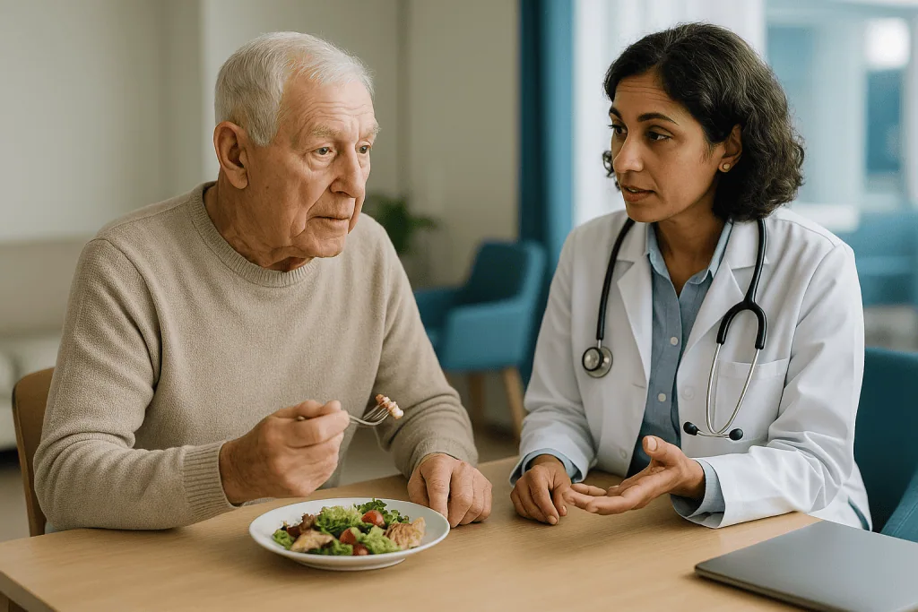 Doctor consulting elderly patient about healthy food diet: Why gallstones become more common, and more complicated, with age
