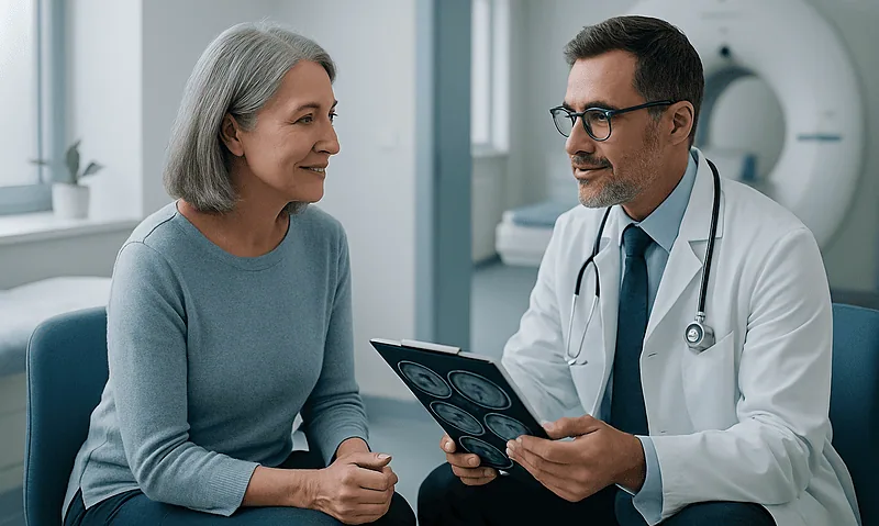 Why Gamma Knife Results Take Months to Show and How Follow-Up MRI Tracks the Change 4 Doctor explaining MRI results to an elderly female patient in a medical office.