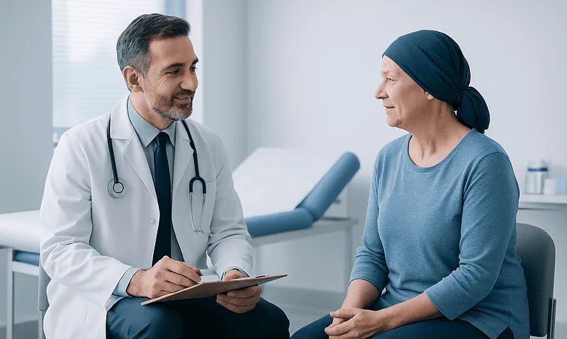 Doctor consulting with a female patient in a medical office.