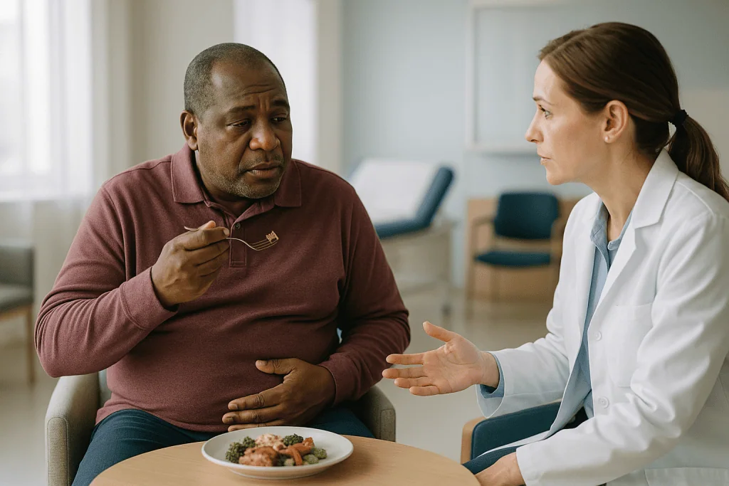 Doctor consulting with overweight patient about diet: Why GLP-1 drugs slow stomach emptying, and what that feels like
