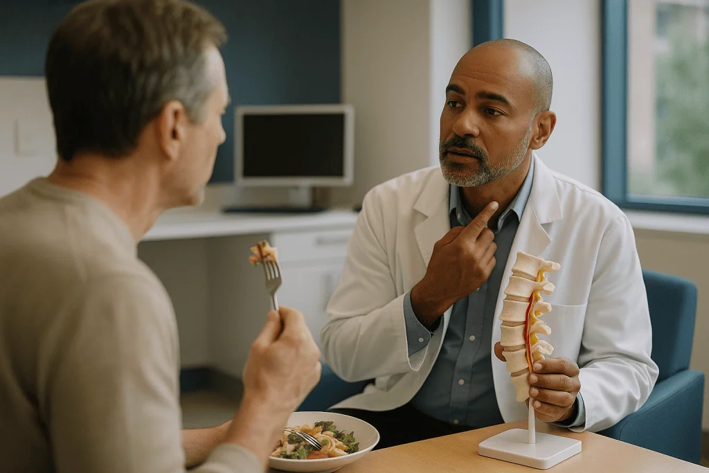 Doctor consulting patient over meal with spine model: Why go through the front of the neck?