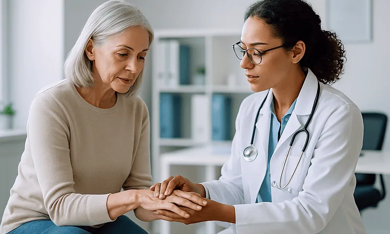 Doctor examining elderly woman's hands for age-related skin changes.