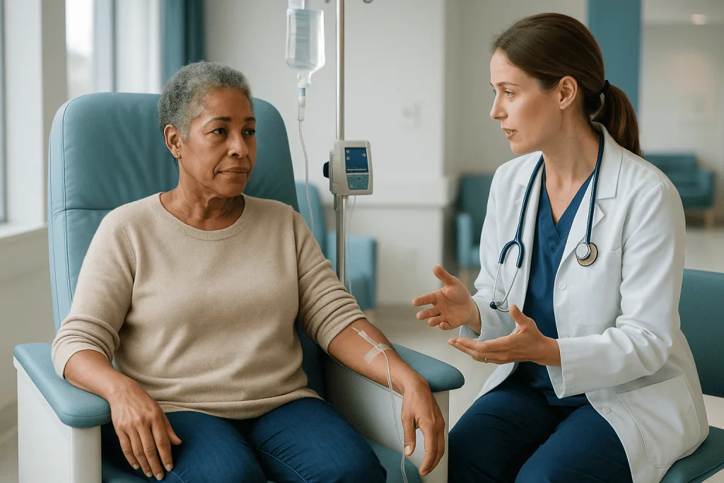 Doctor consulting patient during IV infusion appointment: Why immunotherapy is given every 3 weeks, or every 2, 4 or 6