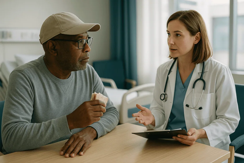 Doctor consulting patient with tablet in hospital room: Why infection risk stays high long after CAR-T