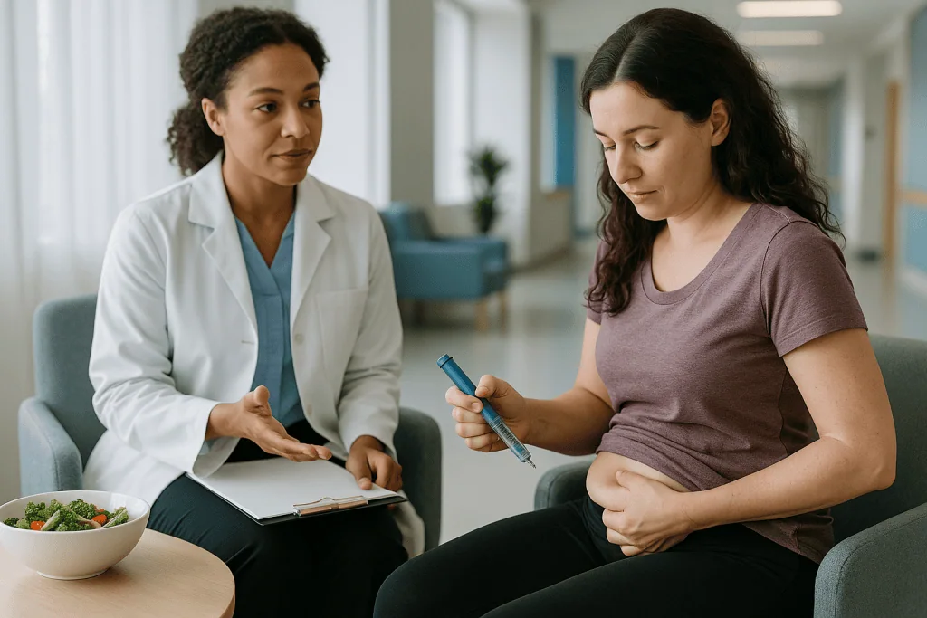Doctor consulting pregnant patient about nutrition and health: Why insulin sits at the center of the PCOS diet conversation