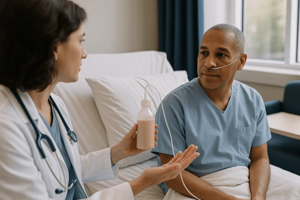 Doctor consulting patient with nasogastric feeding tube: Why is enteral nutrition better than parenteral nutrition when the 