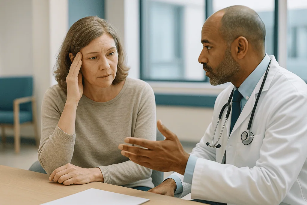 Doctor consulting with middle-aged female patient at desk: Why is FND controversial? A short history of a long misunderstand