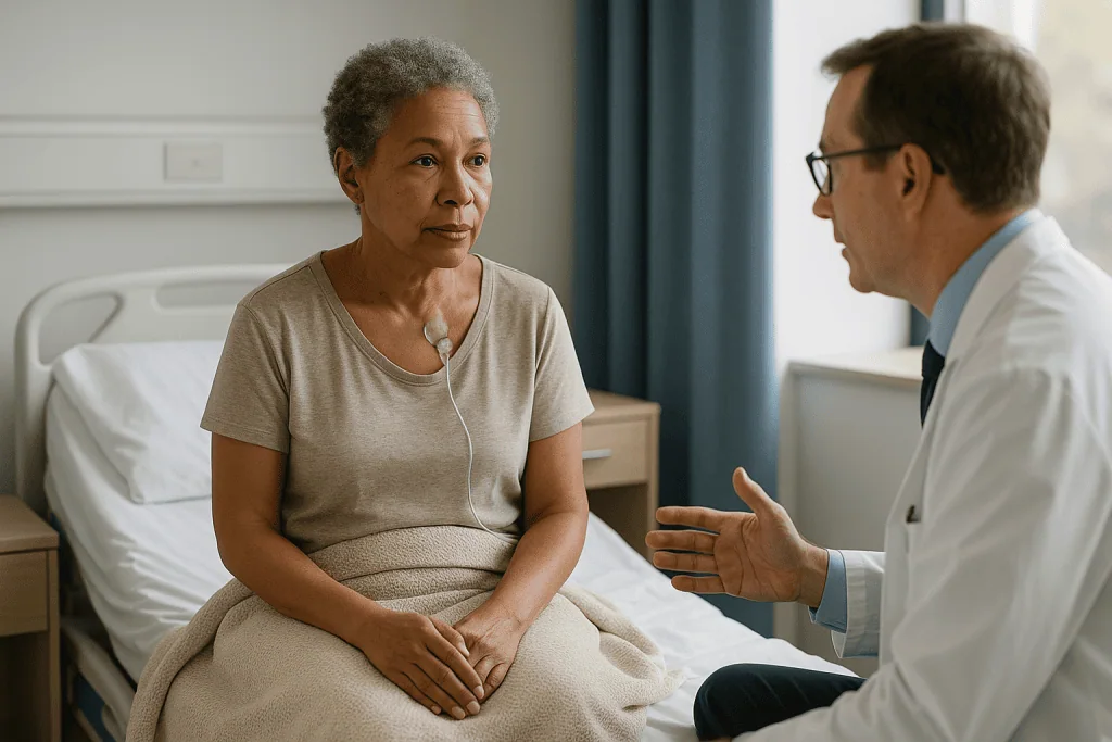 Doctor consulting with adult patient in hospital room: Why is HIPEC controversial? What the trials actually show