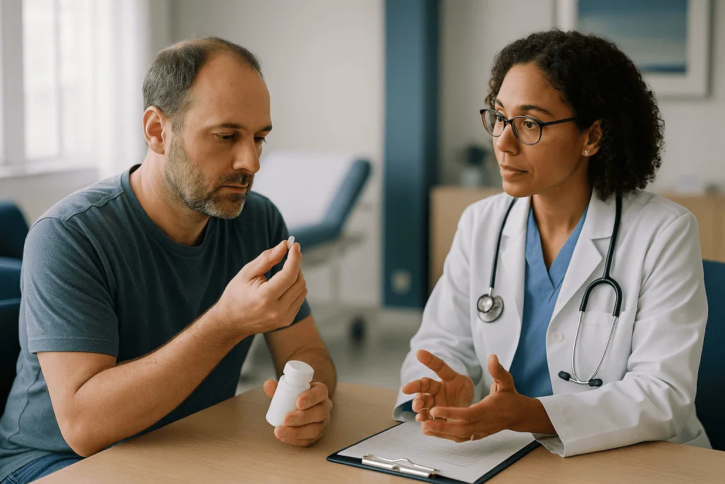 Doctor consultation with patient holding medication bottle: Why is oral minoxidil off-label, and what does that mean for you