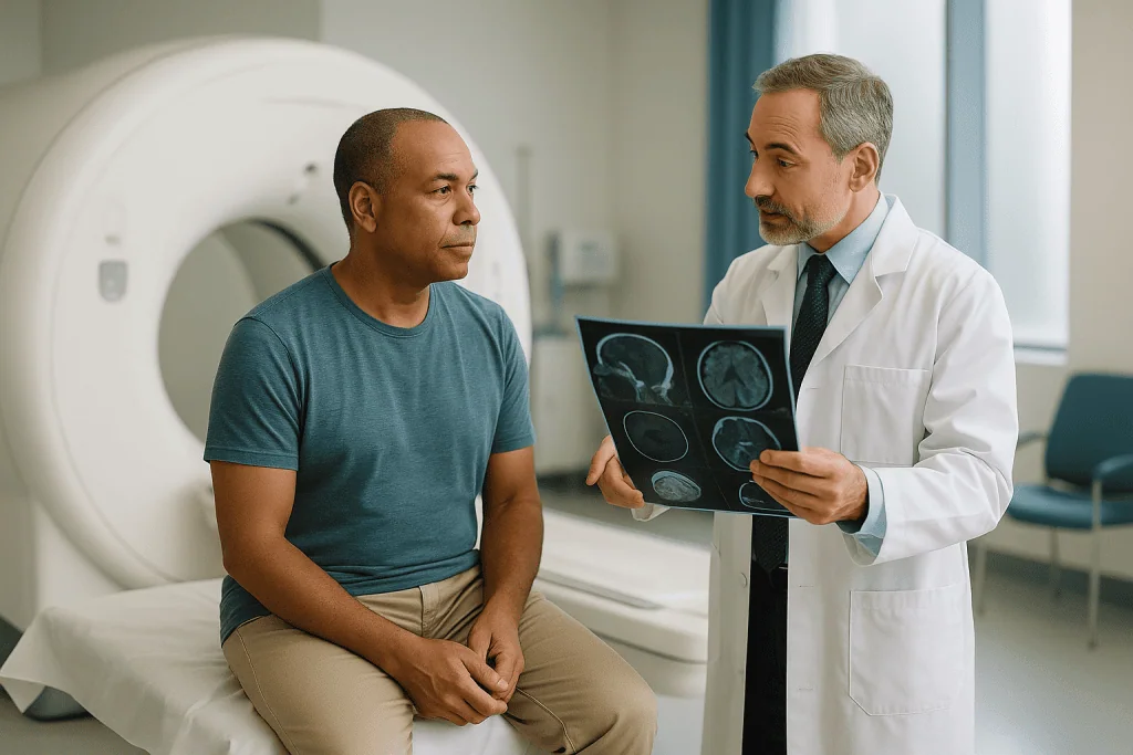 Doctor reviewing brain MRI scans with patient: Why is the first scan often a CT, and what does the MRI add?