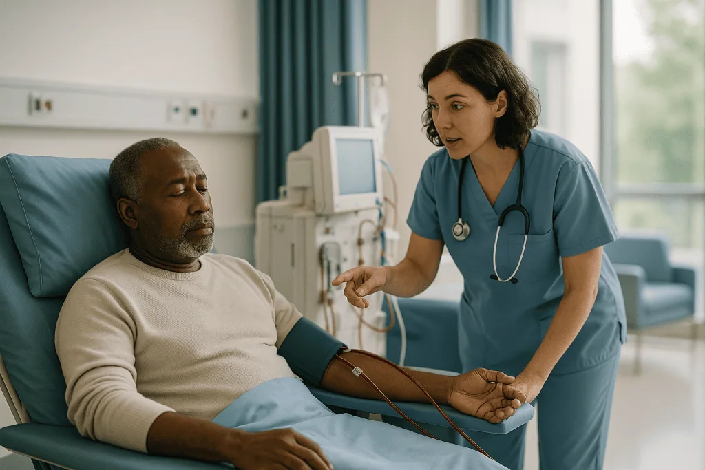 Nurse consulting with male dialysis patient during treatment: Why low blood pressure during dialysis happens