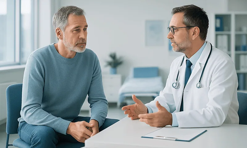 Doctor consulting with middle-aged male patient in a modern clinic.
