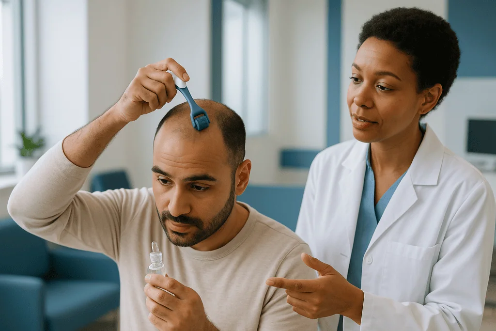 Doctor consulting patient about hair loss with dermaroller: Why microneedling with minoxidil may work better than either alo