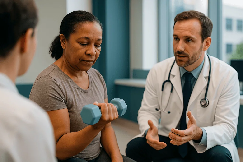 Doctor consulting patient with dumbbell during medical visit: Why muscle matters: does muscle burn more calories than fat?