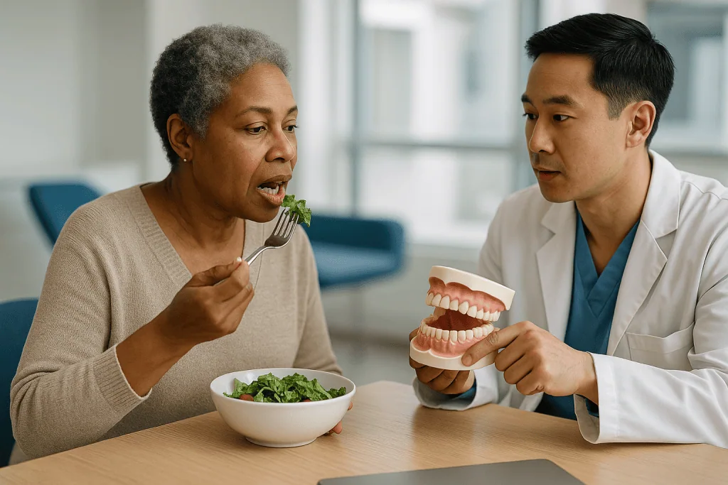 Woman eating salad with dentist holding teeth model: Why periodontal pocket depth reduction is the number everyone measures