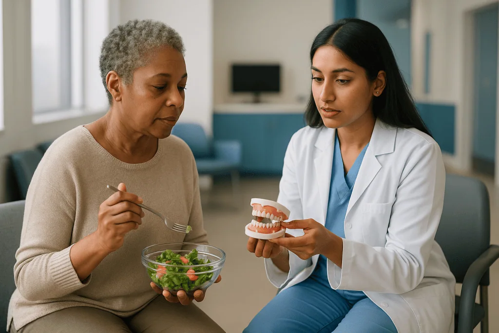 Female dentist consulting patient with dental model: Why preparing for a dental bridge starts weeks before the fitting