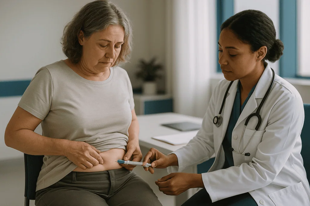 Doctor administering injection to middle-aged patient abdomen: Why regulators warn about compounded tirzepatide