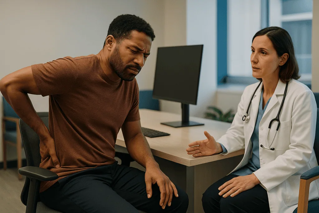 Doctor consulting patient about back pain in clinic: Why sitting still makes backs and necks ache