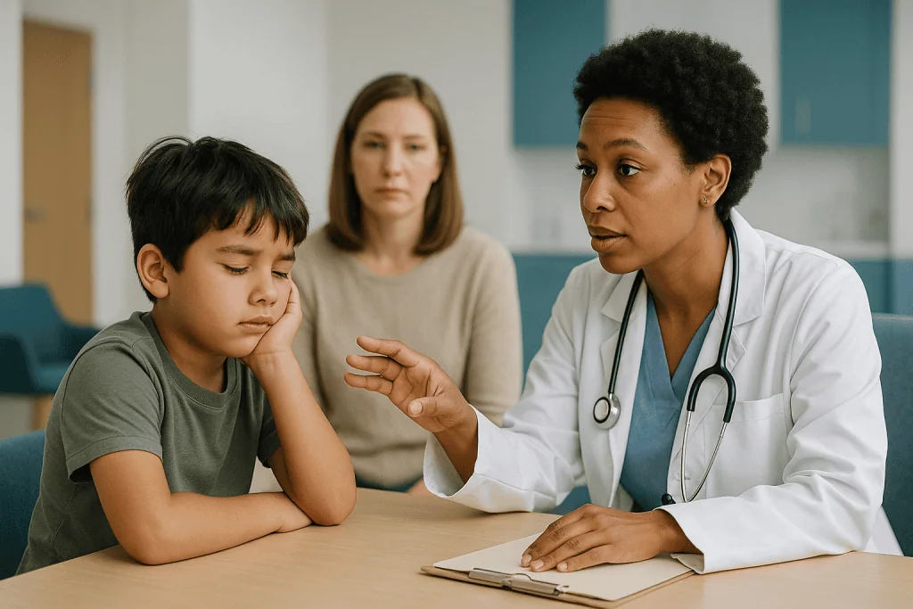 Doctor consulting with child patient and parent indoors: Why sleep apnea in children affects behavior more than it causes sl