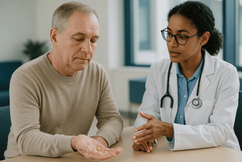 Doctor consulting with older male patient about medication: Why statins are still the benchmark every alternative is measure