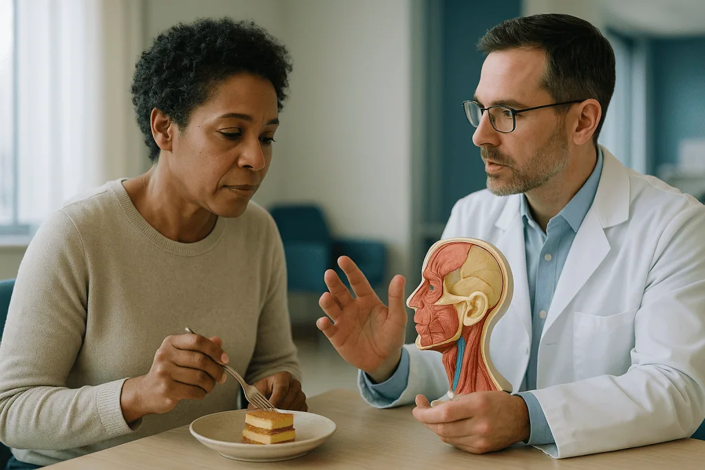 Doctor explaining anatomy model to patient during consultation: Why surgeons plan in layers: skin, fat, muscle and bone