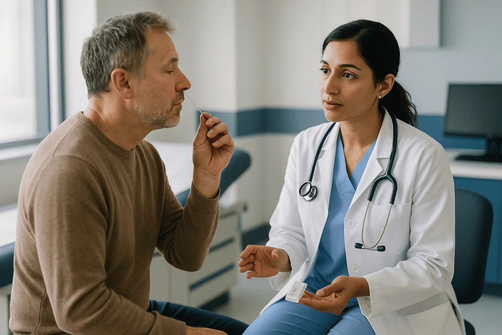Doctor consulting adult patient in clinical setting: Why symptoms alone cannot settle it, and what a test adds