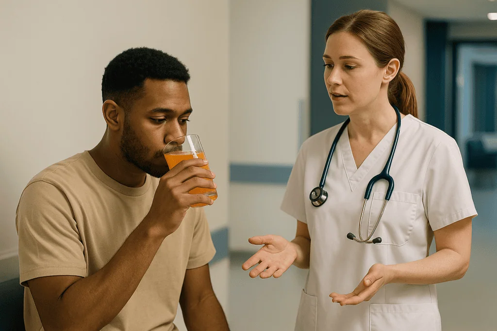 Patient drinking juice while consulting healthcare provider: Why the first 24 hours of mouth care after wisdom teeth removal