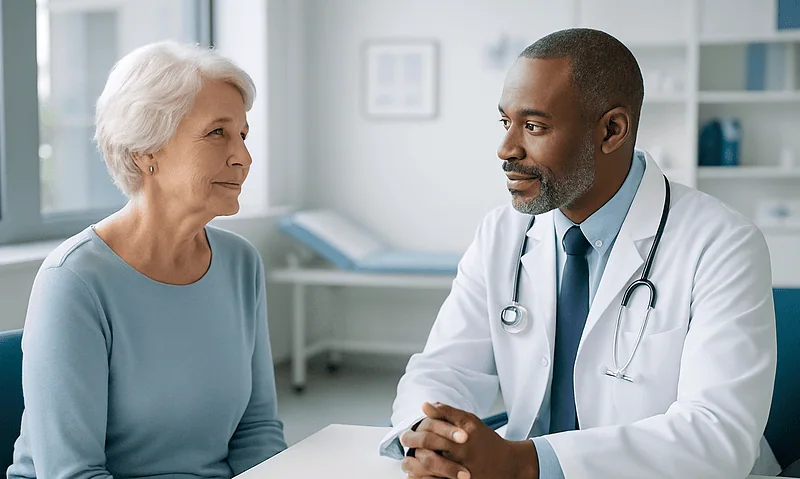 Doctor consulting with an elderly woman in a medical office.