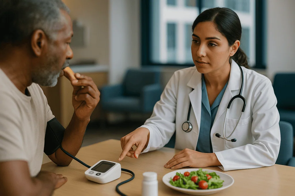 Doctor measuring blood pressure during patient consultation: Why the first reading after a tablet means almost nothing