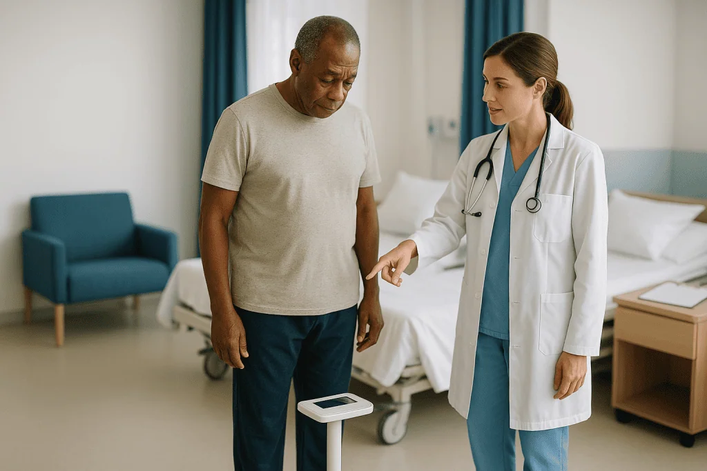 Doctor consulting with patient in hospital room: Why the first weeks after pulmonary edema treatment matter most