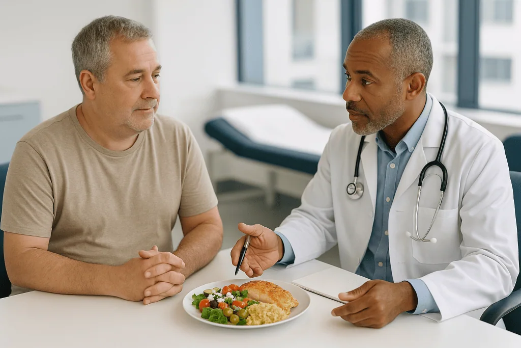 Doctor consulting patient about healthy meal nutrition: Why the Mediterranean pattern leads the fatty liver diet evidence