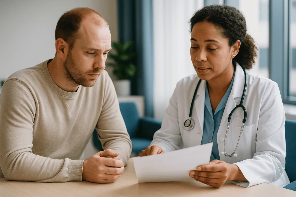 Doctor consulting male patient with medical document: Why the pathology report drives everything