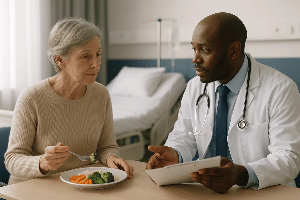 Doctor consulting elderly patient about nutrition in hospital: Why the surgery matters more than the heat