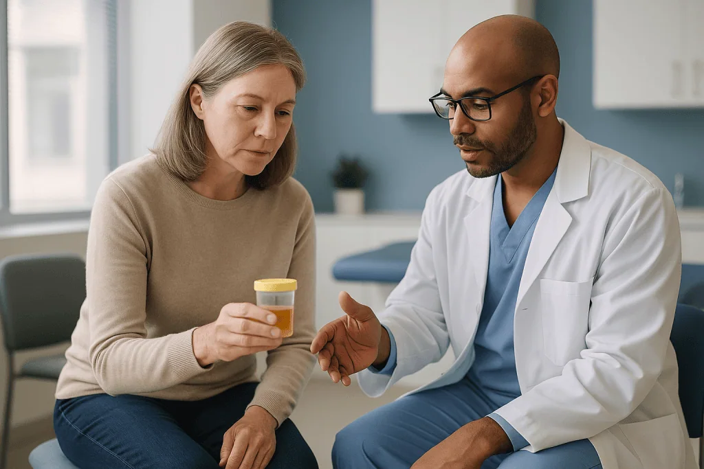 Doctor discussing medication with adult patient in clinic: Why the urine test matters more than most people expect