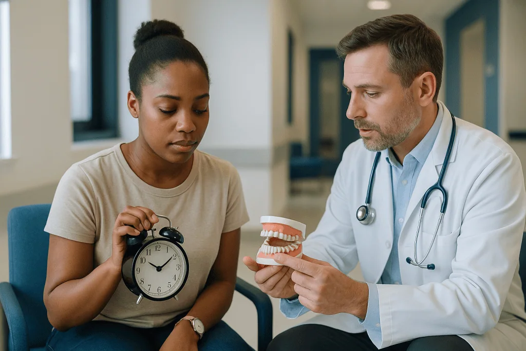 Doctor consulting patient with dental model and clock: Why timing changes the approach: roots, bone and the biological clock