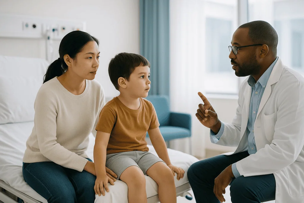 Doctor consulting with child patient and mother in hospital: Why timing matters: what the evidence says about early surgery