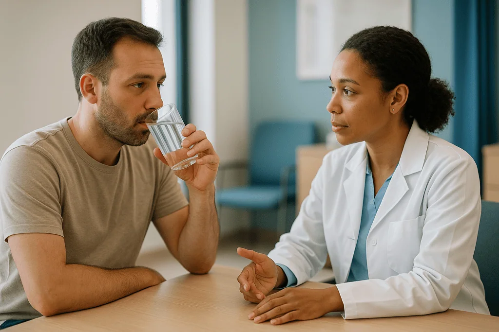 Doctor consulting with male patient, drinking water: Why total testosterone can mislead: five common scenarios